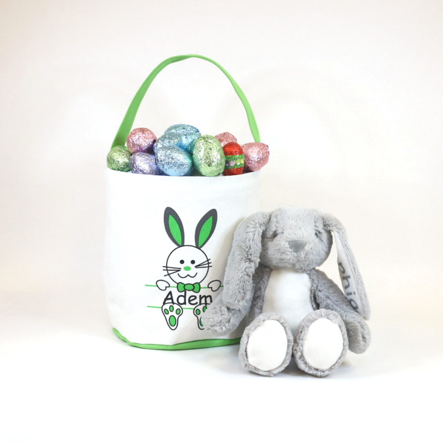 Personalised Easter Cotton Bucket with Grey Bunny Toy