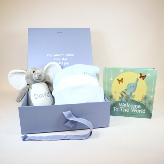 Personalised Large Baby Keepsake Box Gift Hamper - Welcome To The World - Blue
